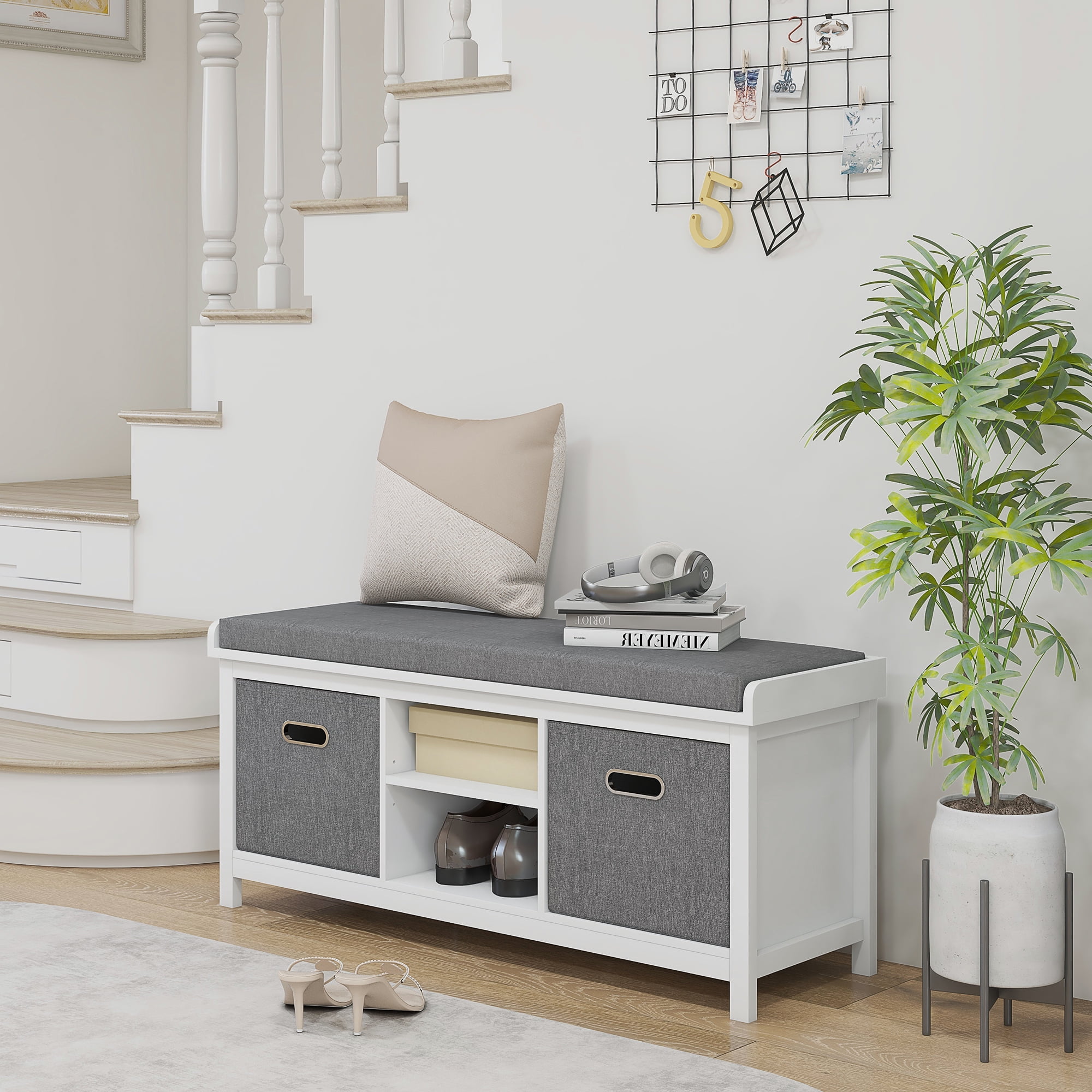 White and Gray Fabric Shoe Storage Bench with Cushion and Drawers