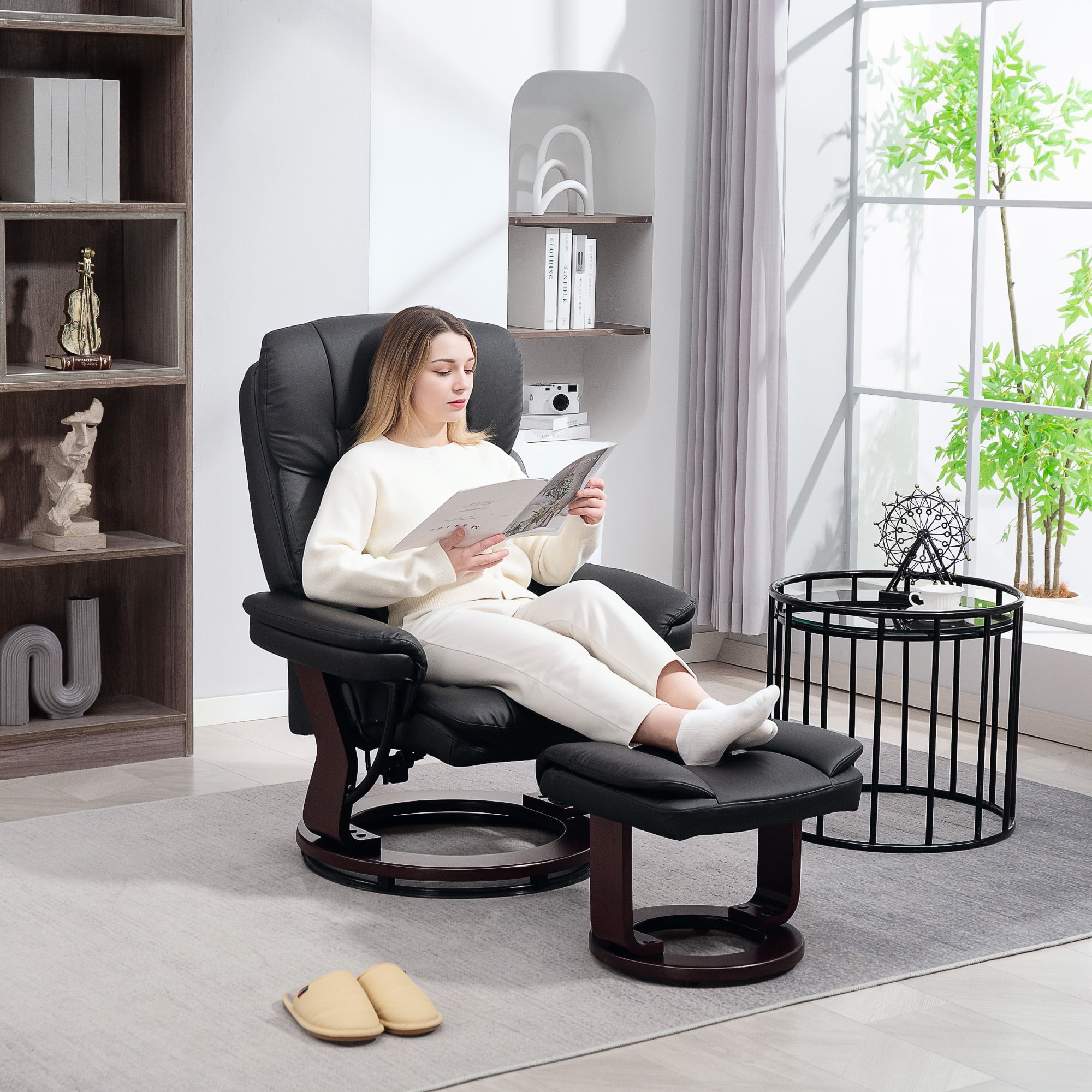 HOMCOM Swivel Recliner Chair with Ottoman, PU Leather Upholstered Reclining Chair with Footrest, for Living Room, Bedroom, Office, Black