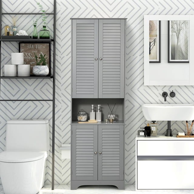 HOMCOM Tall Kitchen & Bathroom Storage Cabinet, Standing Linen Cupboard ...