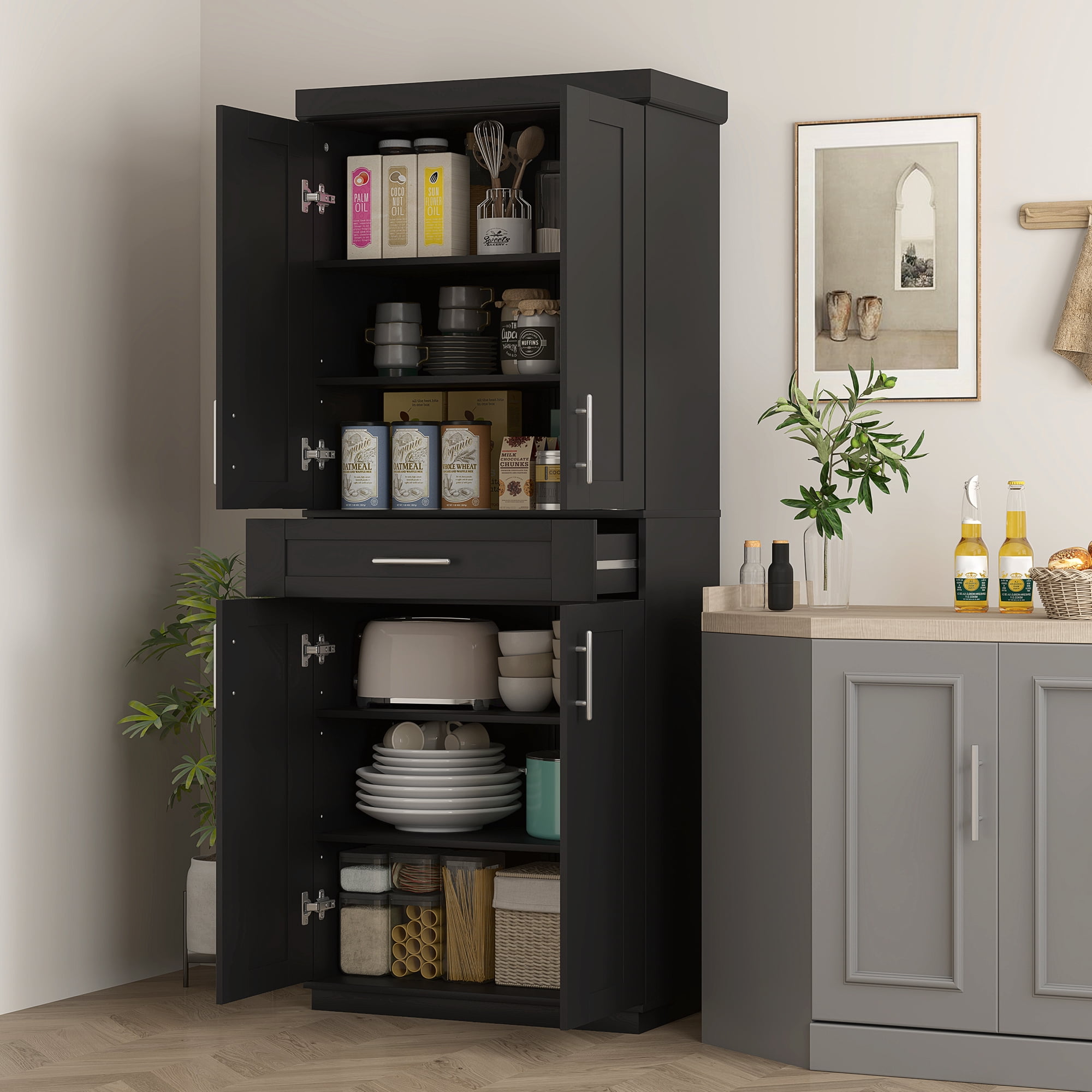 HOMCOM Tall Kitchen Pantry Freestanding Cabinet Cupboard with Doors and Drawer, Adjustable Shelving, Black