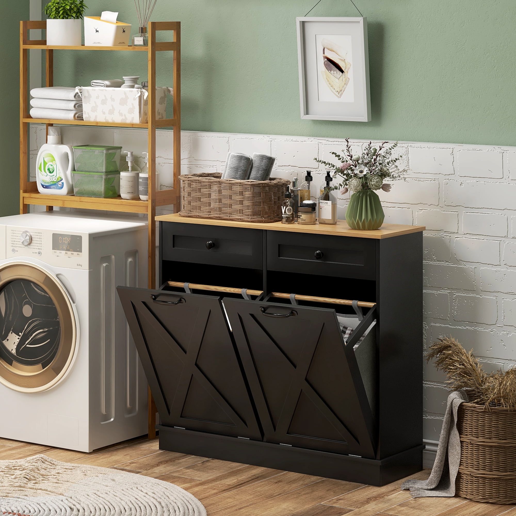 HOMCOM Tilt Out Laundry Hamper Cabinet Bathroom Storage Cabinet with 2 Removable Baskets and 2 Drawers, Black