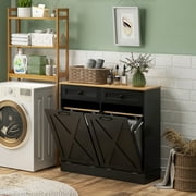 HOMCOM Tilt Out Laundry Hamper Cabinet Bathroom Storage Cabinet with 2 Removable Baskets and 2 Drawers, Black