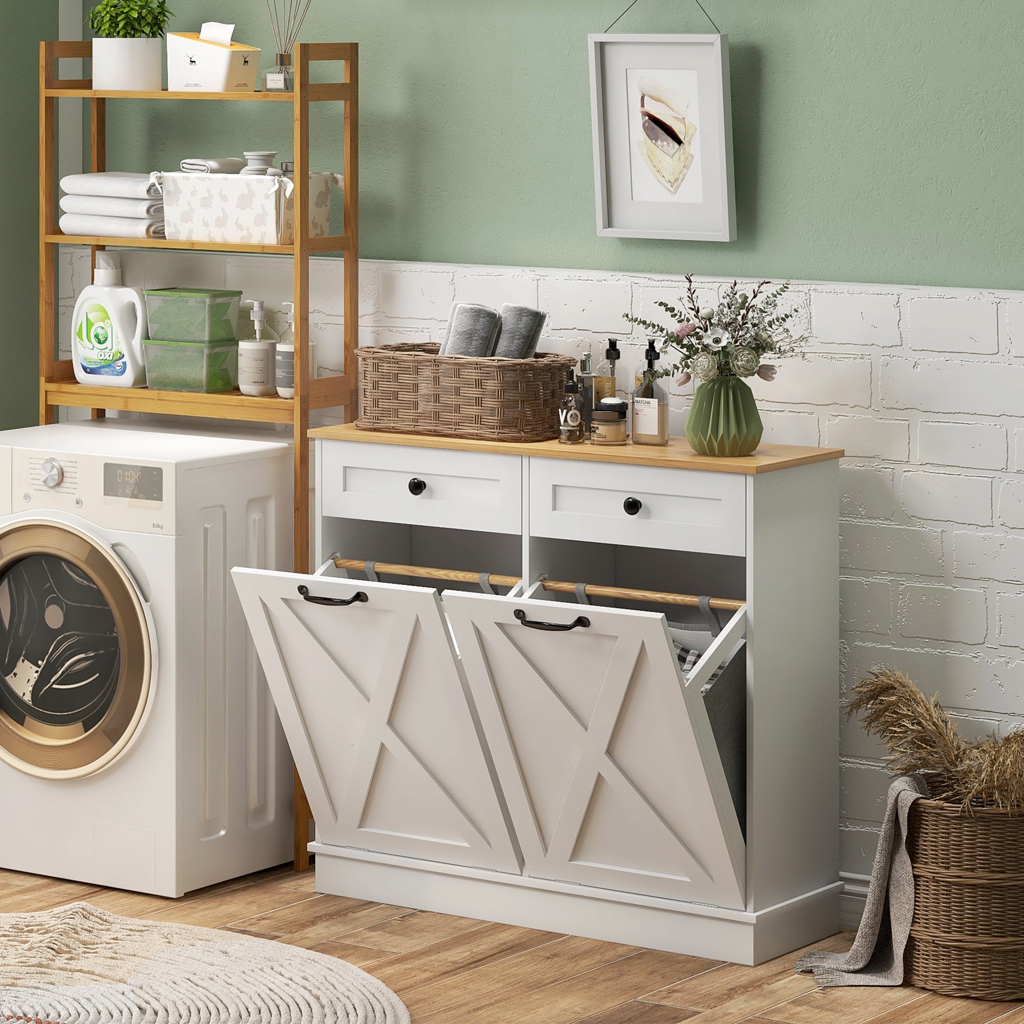 White MDF Double Tilt-Out Laundry Hamper Cabinet with Drawers