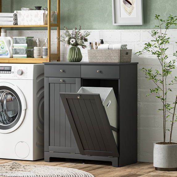 HOMCOM Tilt Out Laundry Hamper, Laundry Hamper Cabinet with 2 Baskets, Laundry Cabinet Bathroom Storage Cabinet with 2 Drawers, Black