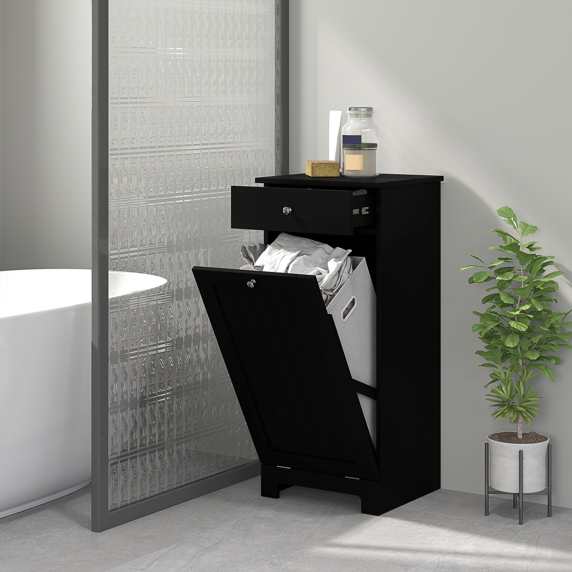 Black Collapsible Tilt-Out Hamper Cabinet with Drawer