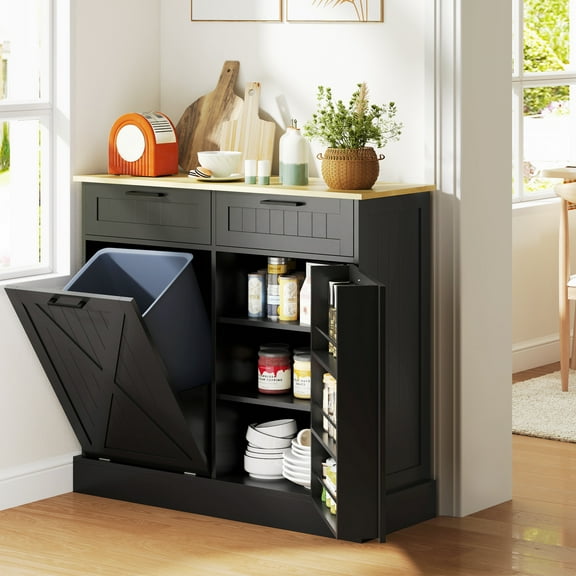 HOMCOM Tilt Out Trash Can Cabinet with Drawers, Farmhouse Kitchen Cabinet with Hidden Trash Can for Kitchen, Black
