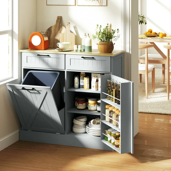 HOMCOM Tilt Out Trash Can Cabinet with Drawers, Farmhouse Kitchen Cabinet with Hidden Trash Can for Kitchen, Gray