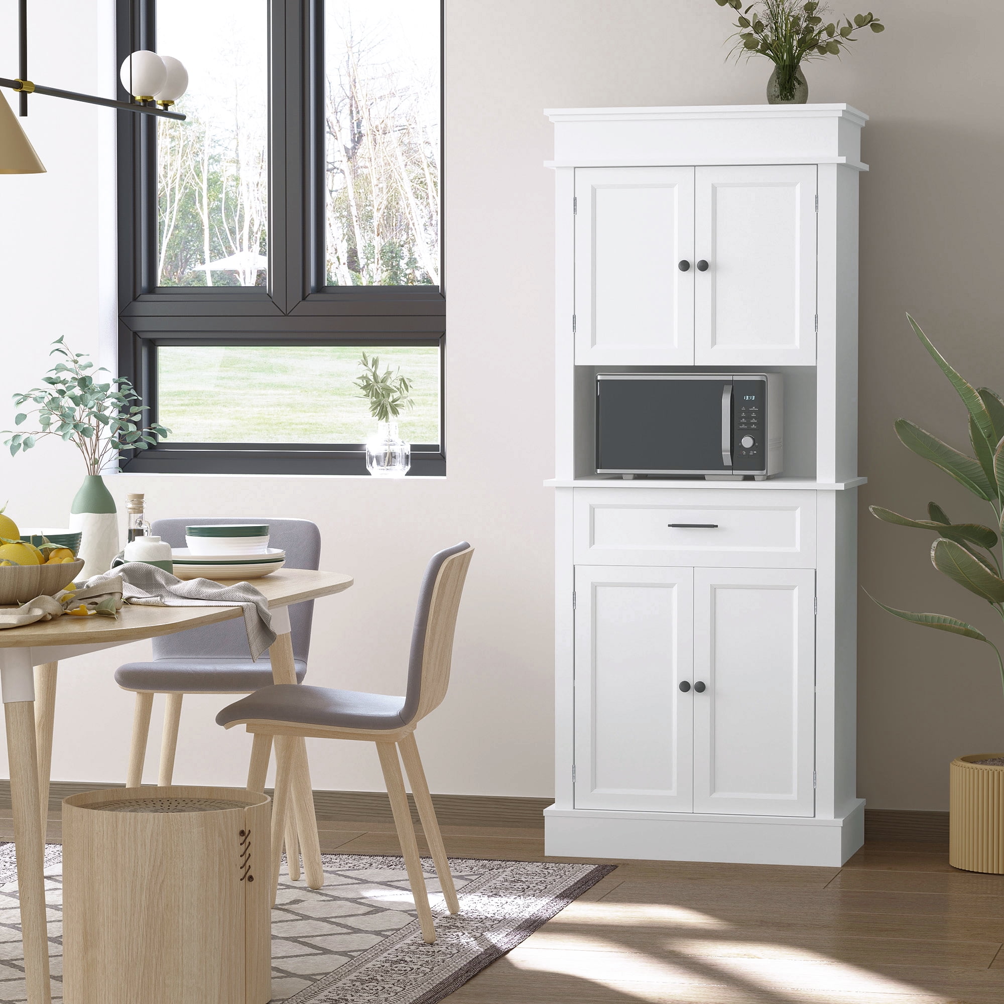 White Freestanding Kitchen Pantry with Adjustable Shelves