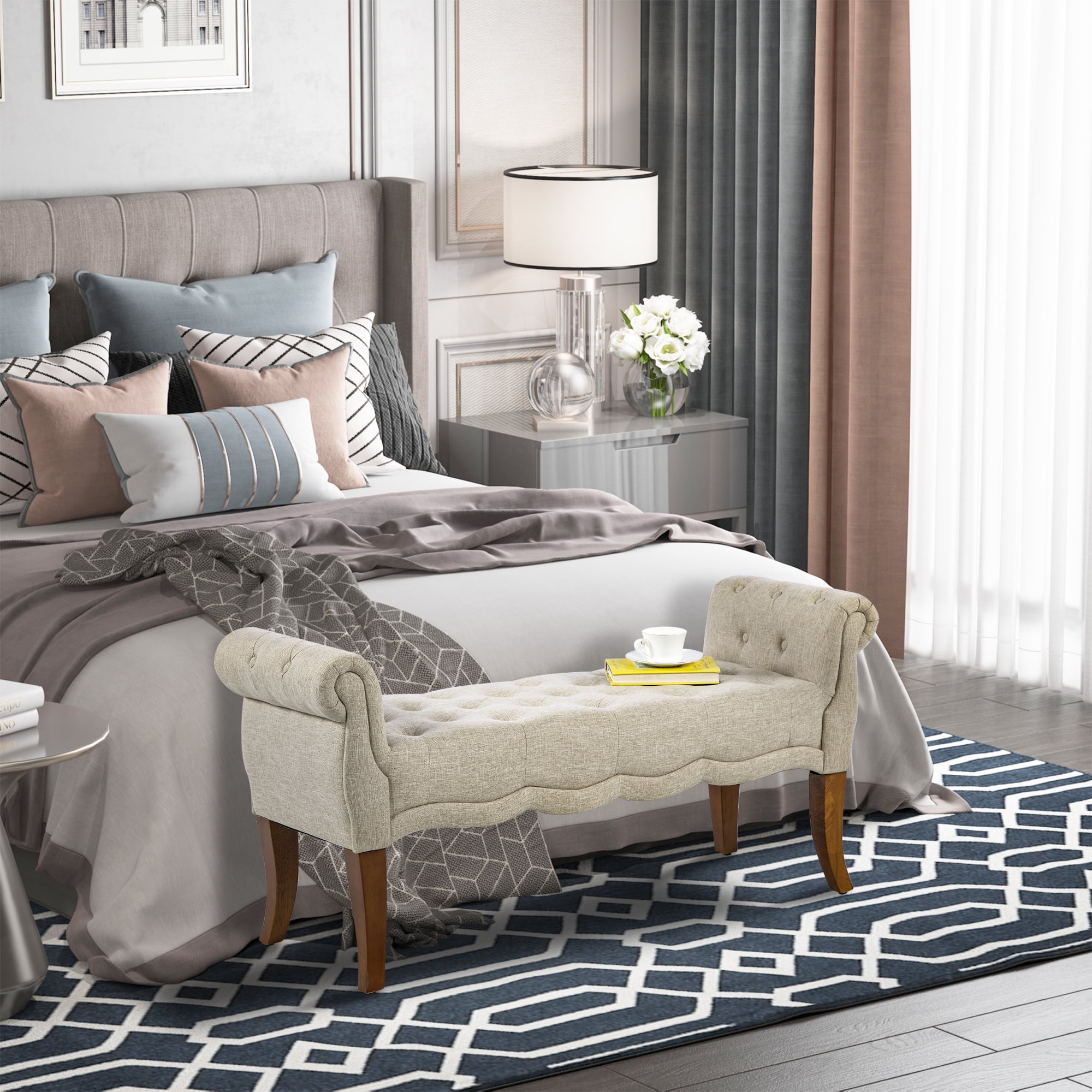 Elegant Beige Linen Tufted Bedroom Bench with Rounded Arms