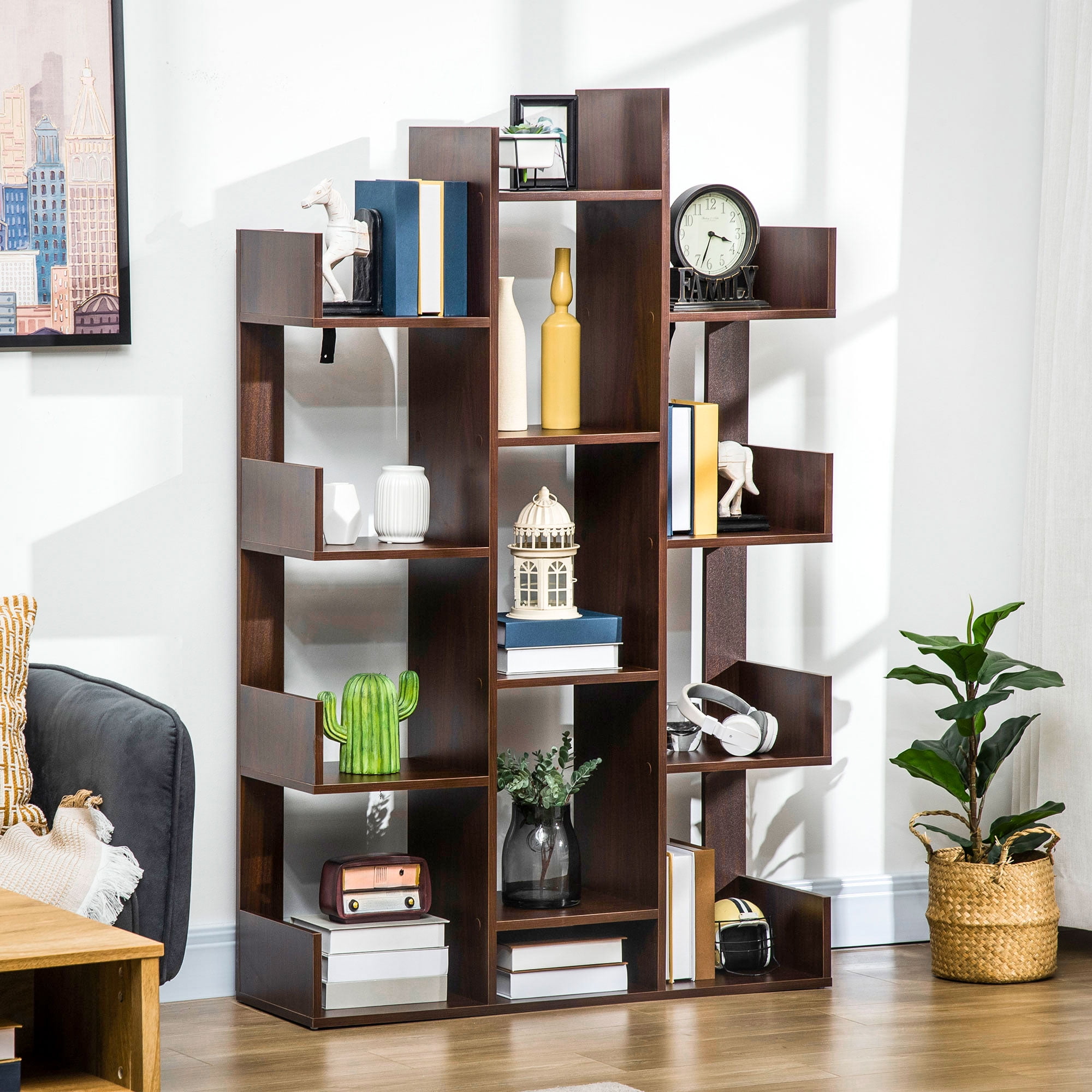 Modern Tree-Shaped Freestanding Brown Wood Bookshelf with 13 Shelves