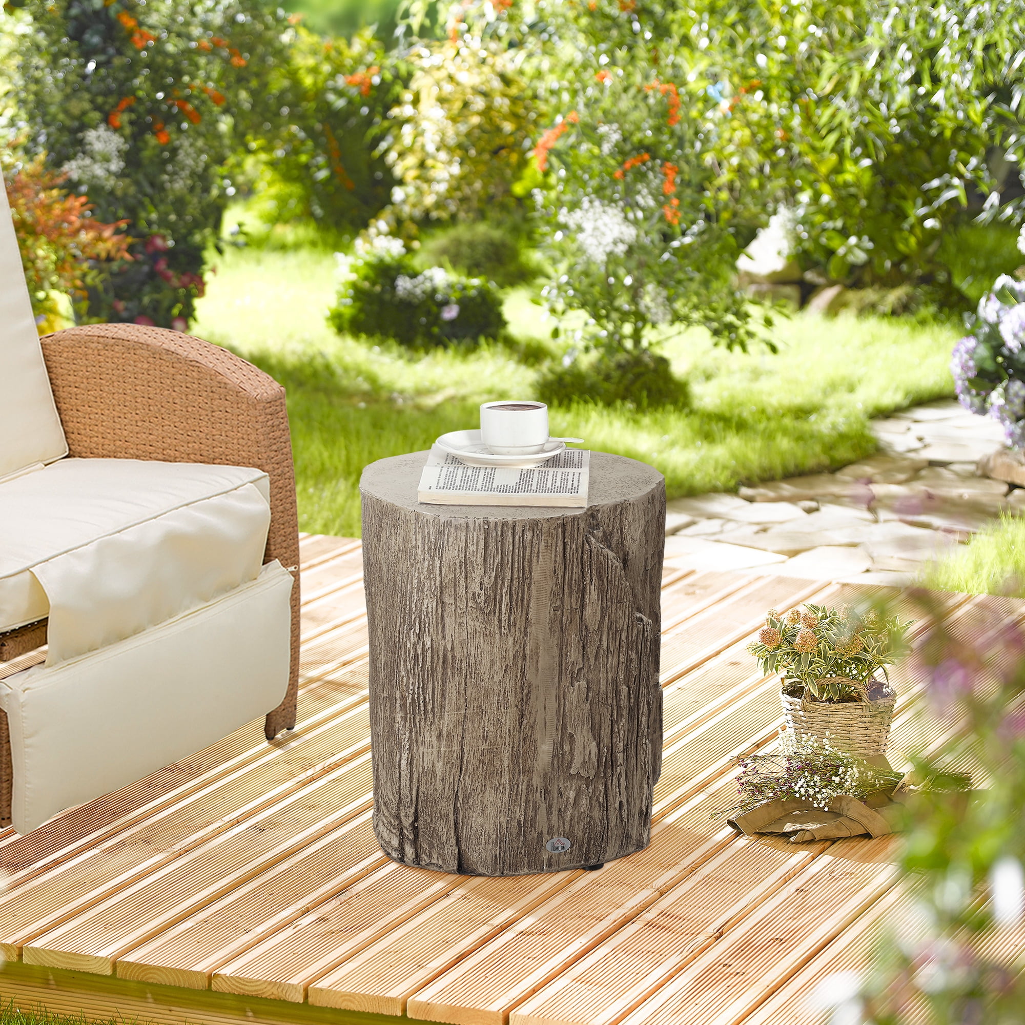 HOMCOM Decorative Side Table Tree Stump Shape Wood Grain Finish Indoor Outdoor Natural