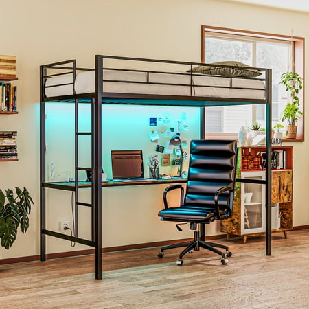 HOMCOM Twin Loft Bed with Desk, LED Lights, Charging Station, Twin Size Metal Loft Bed Frame with Safety Guardrail, Ladder, Noise Free, Black