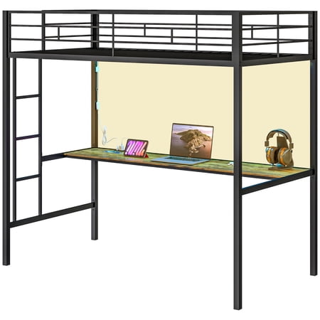 HOMCOM Twin Loft Bed with Power Outlets Lights Metal Loft Bed Frame, Black