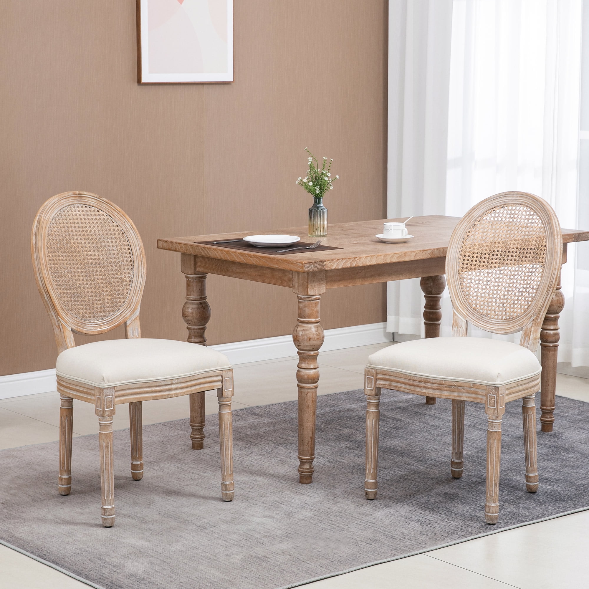 Cream White Distressed Rattan Back Upholstered Side Chairs, Set of 3