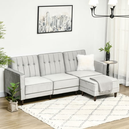 HOMCOM Upholstered L-Shaped Sofa Bed, Reversible Sectional Recliner Sofa Set, Velvet-Feel Sleeper Futon with Footstool, Gray