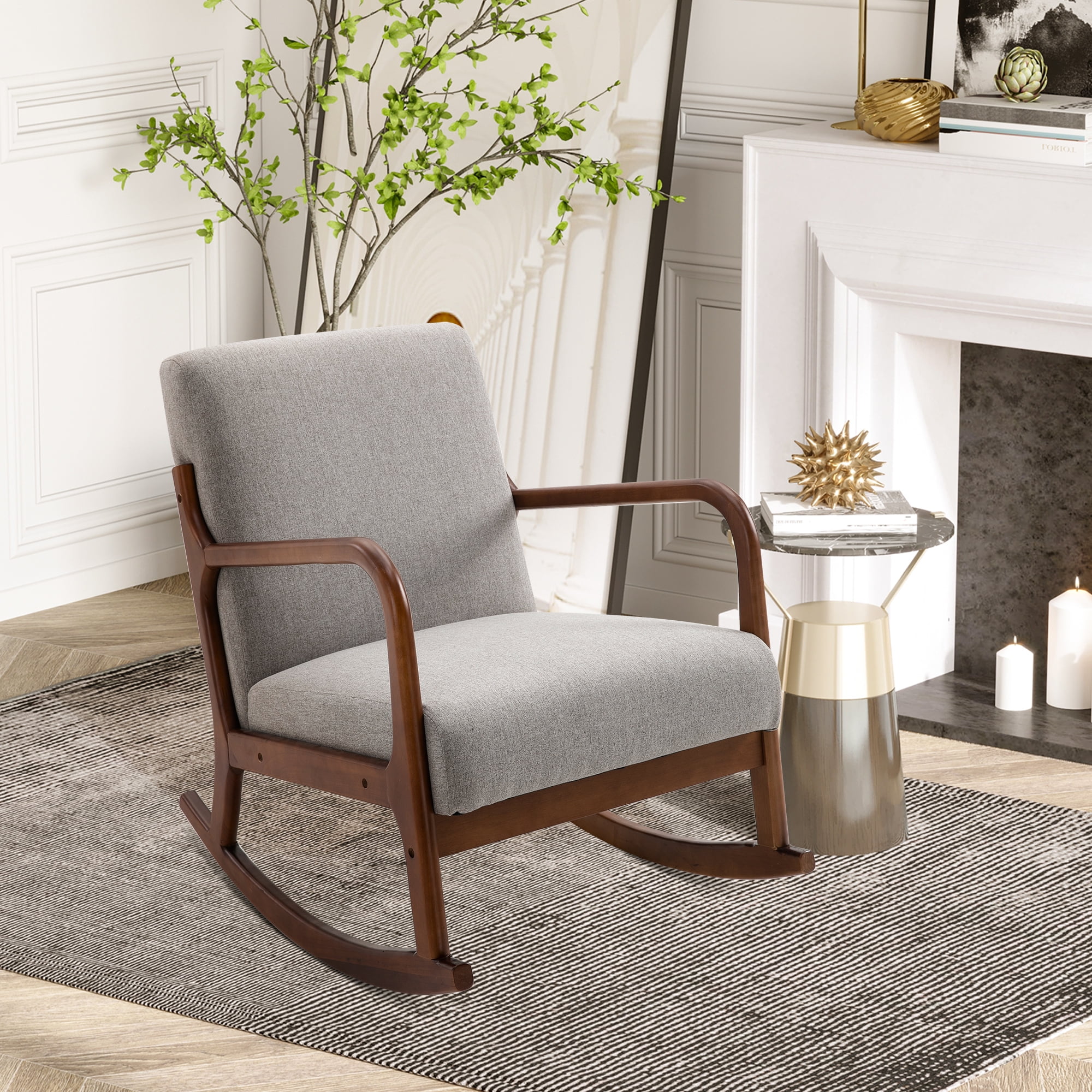 Modern Grey Linen Fabric Upholstered Rocking Armchair with Wooden Base