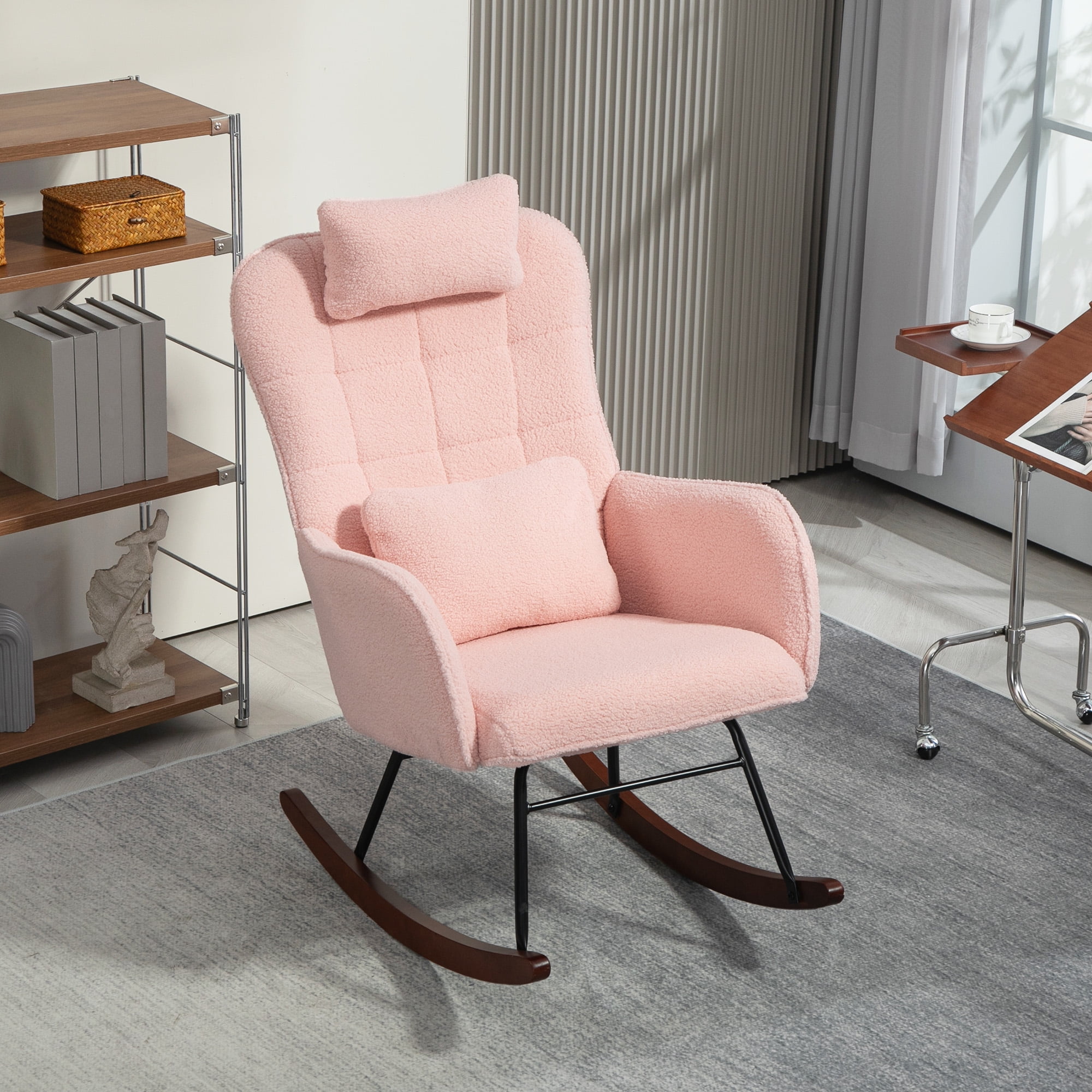 Pink Upholstered High-Back Rocking Chair with Steel Frame and Beech Wood Base