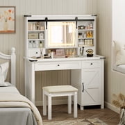 HOMCOM 42" Glass Top Vanity Desk Set with Mirror and Lights, Stool, Dressing Table with Storage Drawer, Cabinet, Shelves, White