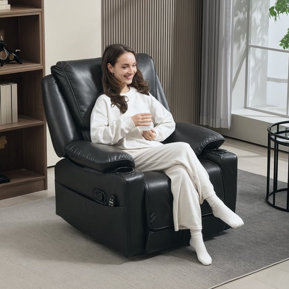HOMCOM Vibration Massage Recliner Chair with Heat, Oversized Swivel Rocker, PU Manual Reclining Chair with Footrest, Remote, Pockets, Black
