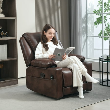 HOMCOM Vibration Massage Recliner Chair with Heat, Oversized Swivel Rocker, PU Manual Reclining Chair with Footrest, Remote, Pockets, Brown