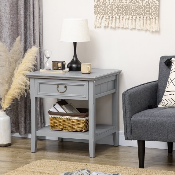 HOMCOM Vintage Farmhouse Side Table with Storage, Set of 2, Gray