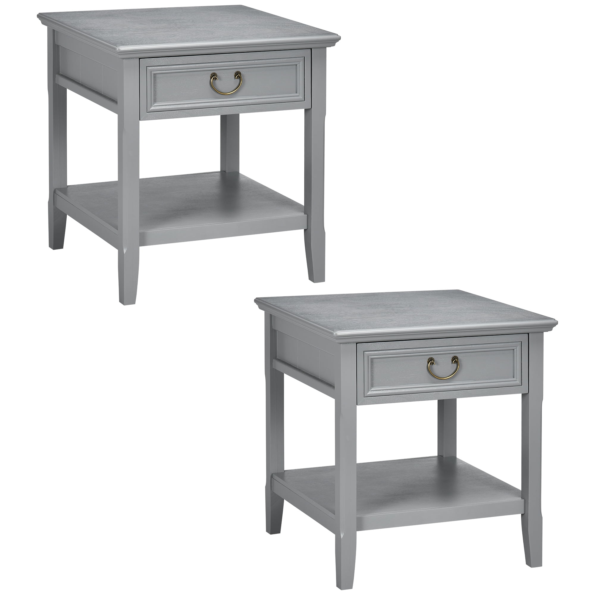 Vintage Farmhouse Side Table with Storage, Set of 2, Gray