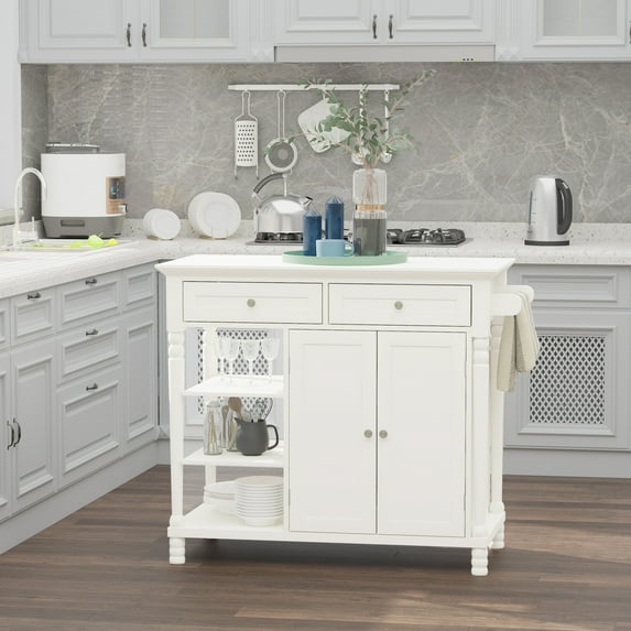 HOMCOM Vintage Kitchen Island with 3-Tier Open Shelving, Storage Cabinet with Drawers & Wood Legs, Adjustable Shelf for Living Room, Coffee Bar, White