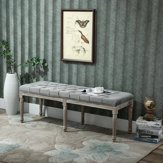 HOMCOM Vintage Upholstered Entryway Bench with Button Tufted and Thick Padding, Gray