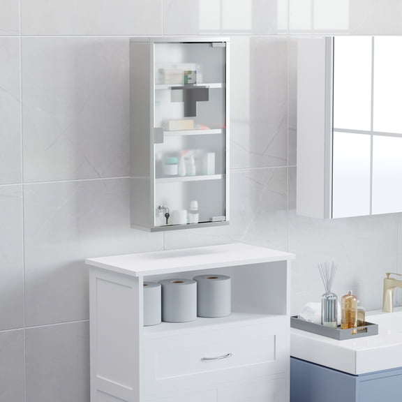 HOMCOM Wall Medicine Cabinet with Lock, Lockable Wall Cabinet, Silver