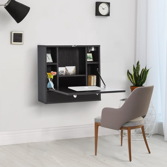 HomCom Wall Mounted Writing Computer Desk Workstation with Foldable Space Saving Design & Ample Interior Storage