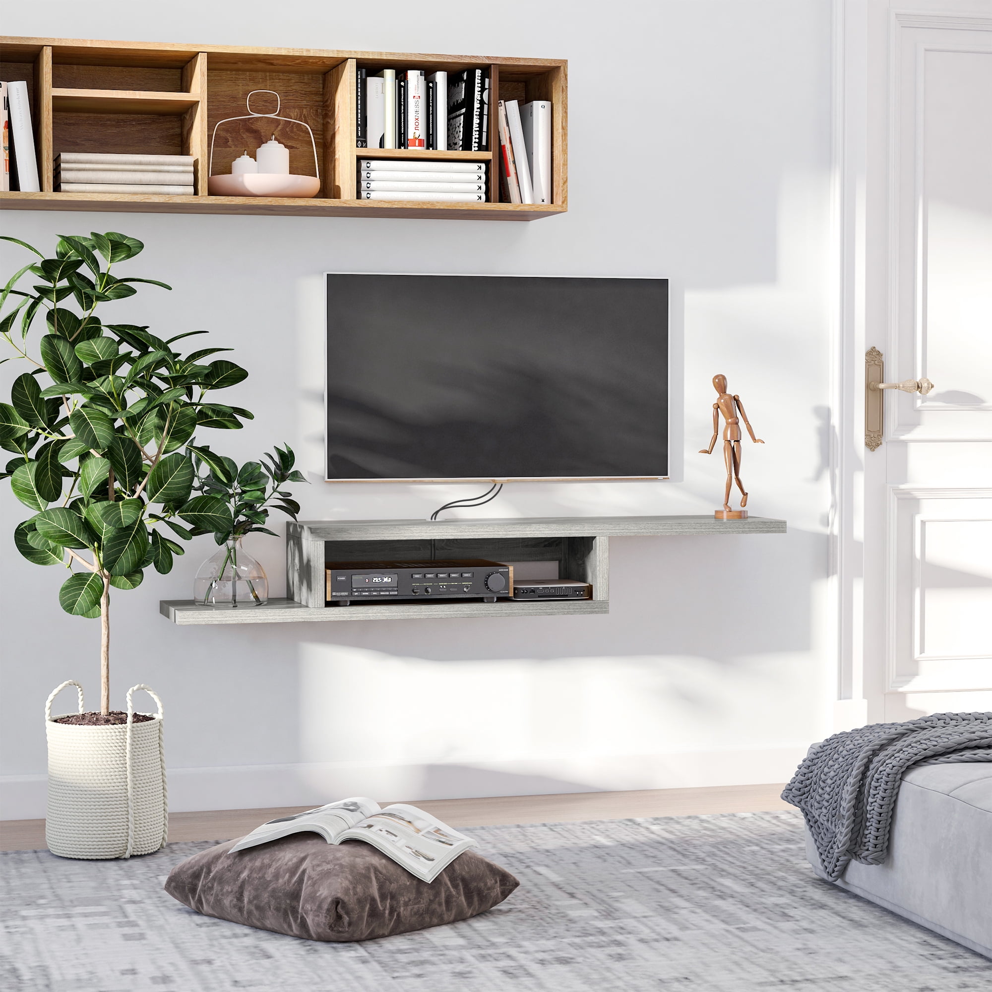 Gray MDF Wall Mounted Floating Media Console Shelf