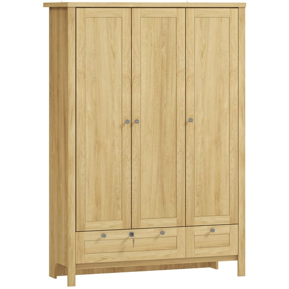 HOMCOM Wardrobe Closet with 3 Doors and 2 Drawers Bedroom Armoire Natural