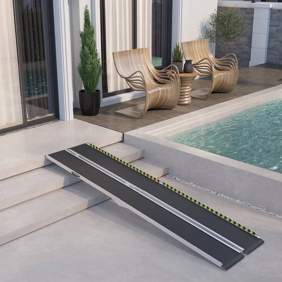 HOMCOM Wheelchair Ramp 10FT, Folding Aluminum Threshold Ramp with Non-Slip Surface, Transition Plates, Scooter Ramp for Home, Doorways, Curbs, Steps