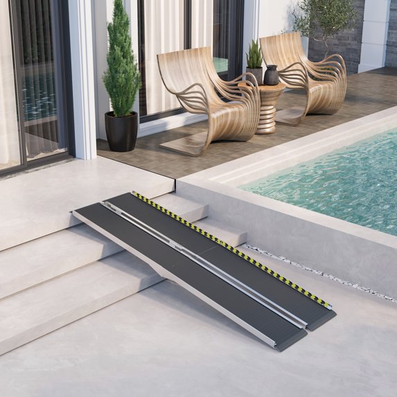 HOMCOM Wheelchair Ramp 8FT, Folding Aluminum Threshold Ramp with Non-Slip Surface, Transition Plates, Scooter Ramp for Home, Doorways, Curbs, Steps
