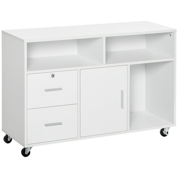 HOMCOM White Printer Stand Mobile Office Storage Cabinet with 2 Drawers, 3 Shelves & Lockable Design, Engineered Wood Rolling Organizer for Home Office, Kitchen or Living Room, 39.25"L