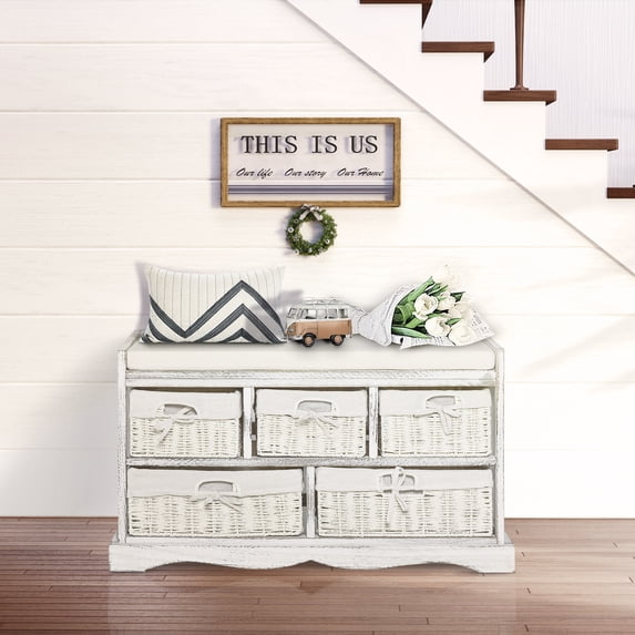 HOMCOM Wooden Shoe Bench with Cushion, Entryway Bench with 5 Removable Storage Baskets for Entryway, Living Room, Cream White