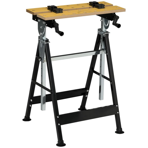 , HOMCOM Work Bench Tool Stand with Adjustable Height and Angle, Carpenter Saw Table with 4 Clamps, Steel Frame, 220lbs Capacity, Natural Wood ,Mdf+Iron ,