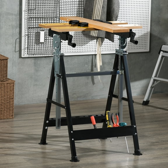 HOMCOM Workbench Wood Cutting Sawhorse w/ Movable Pegs Adjustable Height Angle