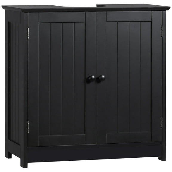 HOMCOM Under sink bathroom cabinet with double doors and shelves, pedestal sink bathroom vanity, black, ample storage space, with open shelves, sturdy and durable