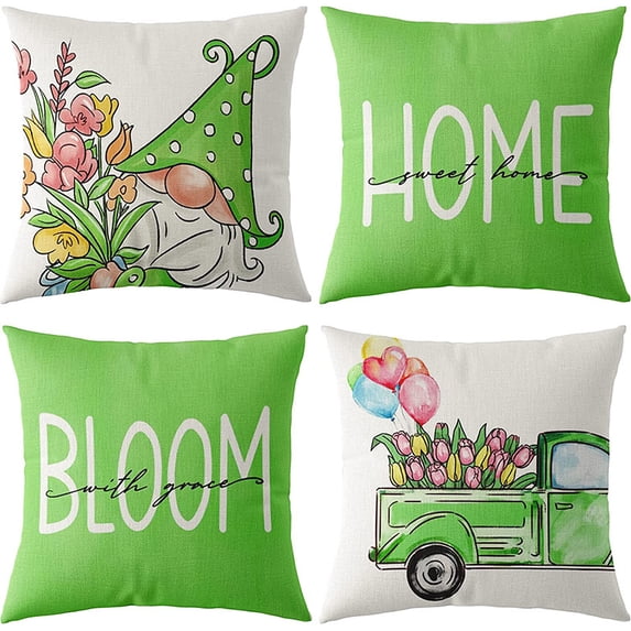 HOME BLOOM Pillow Covers 18 x 18 Inch Green Gnome Truck Floral Throw Pillow Case Farmhouse Decorative Pillow Cushion Cover for Home Office Sofa Couch Garden Decoration, 4Pcs