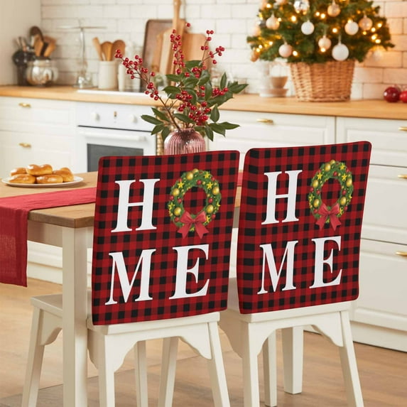 HOME Christmas Wreath Chair Covers Set of 1 Bow Vintage Red Black Check Chair Back Covers Stretch Removable Washable Slipcovers Protector for Dining Room Kitchen Party Decor