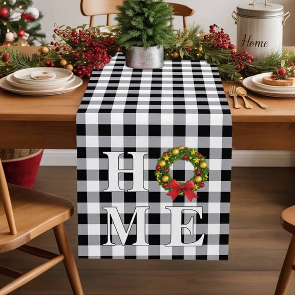 HOME Christmas Wreath Cotton Linen Table Runner Bow Retro Black And White Check Dining Table Runners for Home Decor Party Dining Room Restaurant Kitchen Party 13" x 48"