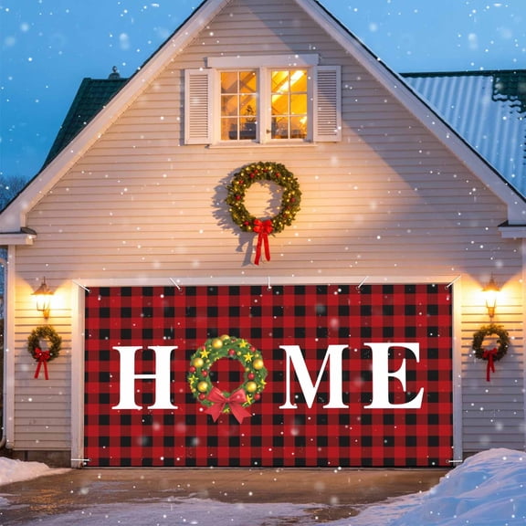 HOME Christmas Wreath Garage Door Banner Covers, Bow Vintage Red Black Check Large Hanging Indoor/Outdoor Backdrop Background for Christmas Winter Party Decor, 6.9x8 FT