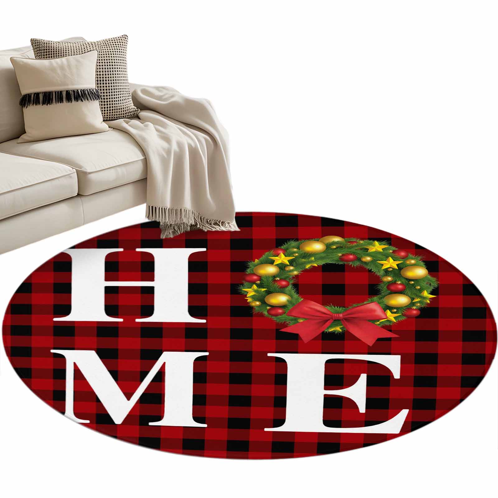 HOME Christmas Wreath Round Area Rug 3.3ft Bow Vintage Red Black Check ...