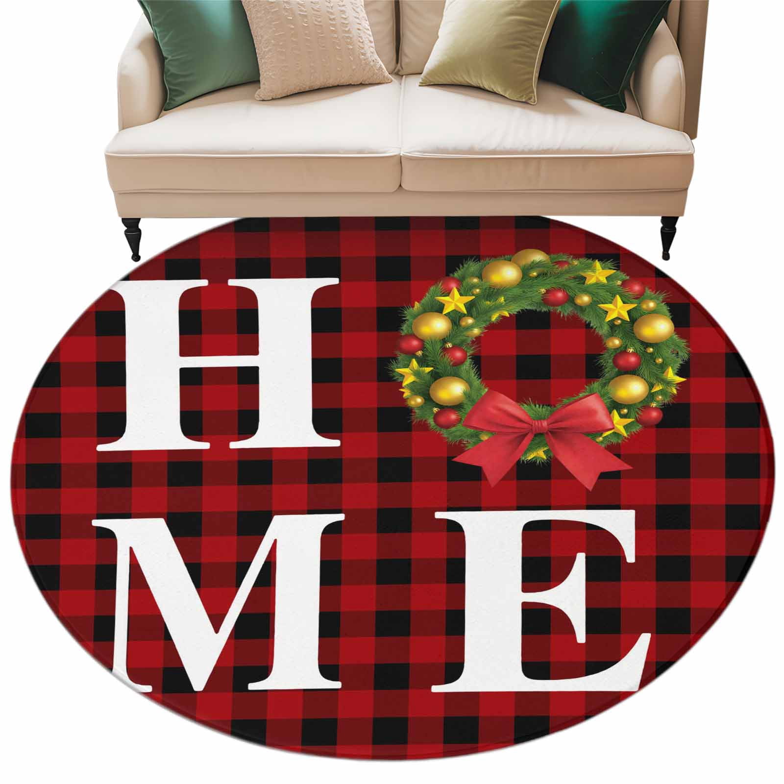 HOME Christmas Wreath Round Area Rug 5ft Bow Vintage Red Black Check ...