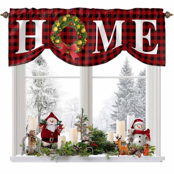 HOME Christmas Wreath Tie Up Valances Curtain, Bow Vintage Red Black Check Adjustable Rod Pocket Short Window Treatment Tie Up Curtains Valances for Kitchen Living Room Bathroom 54x18 Inches