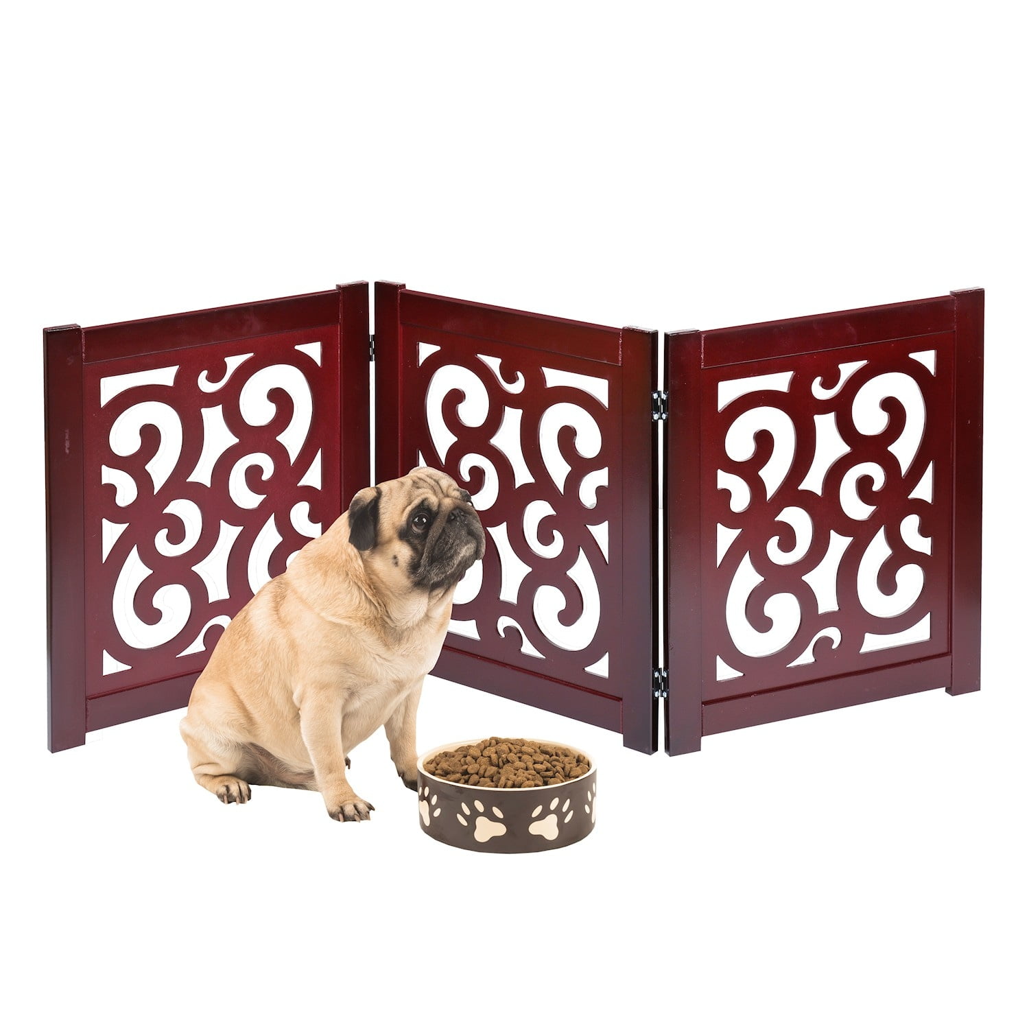 HOME DISTRICT Dog Gate Freestanding Pet Gate 4-Panel & 3 Panel Pet Gate for Dogs Folding Dog Gate Quadfold & Trifold Pet Gate for Small Dogs Decorative Pet Gate for Dogs Indoor, Mahogany Scroll 47x19"