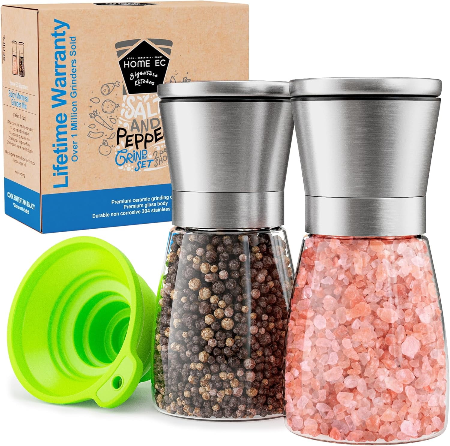 Stainless Steel and Glass Manual Salt and Pepper Grinder Set