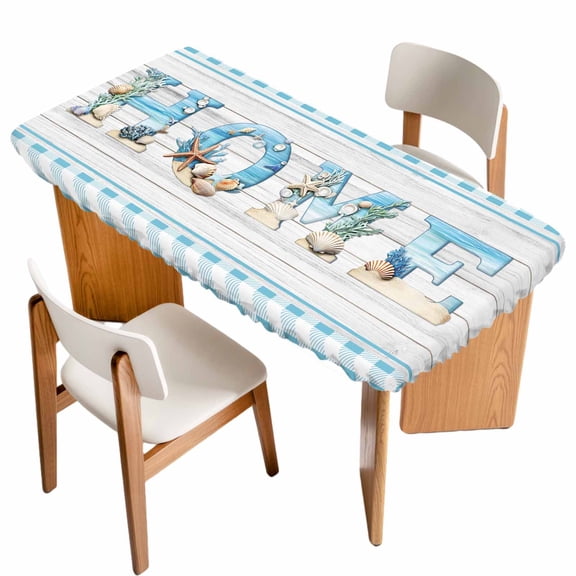 HOME Fitted Rectangle Tablecloth 24" x 50" Beach Starfish Shell Blue Plaid Wood Grain Elastic Table Cloth Fits for 4 Foot Folding Tables Waterproof Table Cover for Picnic Camping Outdoor