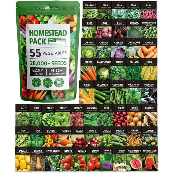 HOME GROWN 55 Vegetable Seeds Pack MVR1- 28,000+ Seeds for Planting - Spring, Fall, Winter Garden Kit - Survival Seed Vault for Preppers & Gardeners - Gift for Men & Women